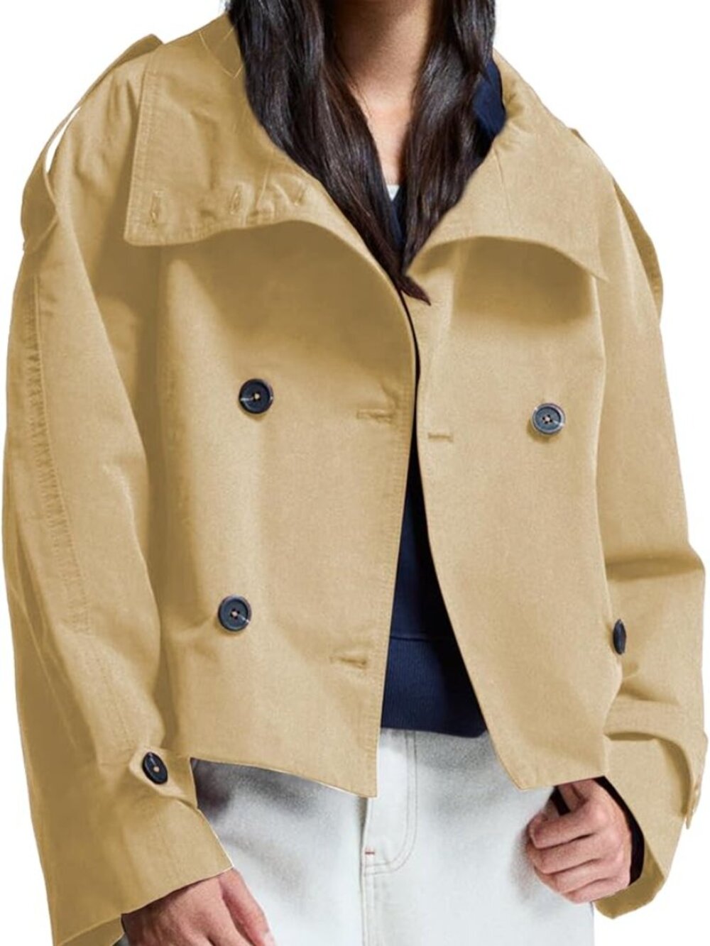 Women's Cropped Trench Coat Double Breasted Short Jacket High Collar Fall Winter - Picture 2 of 4
